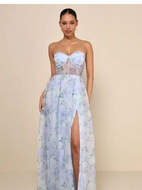 Lulu's Strapless Light Blue Floral Lace Corset Maxi Dress